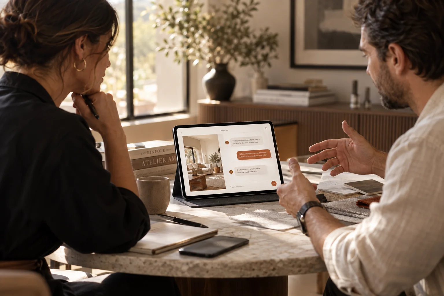 A designer and her client talk through a brief over a tablet showing a conversation in RMCflow