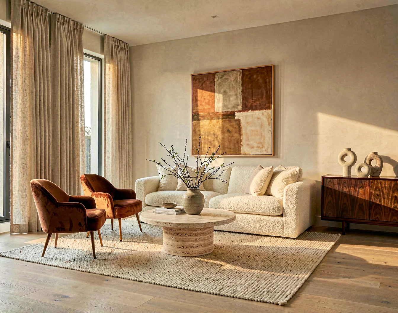 An ivory bouclé sofa beneath a large abstract canvas, two rust velvet lounge chairs and a round travertine table in a sunlit living room, generated for Camille's Balanced package
