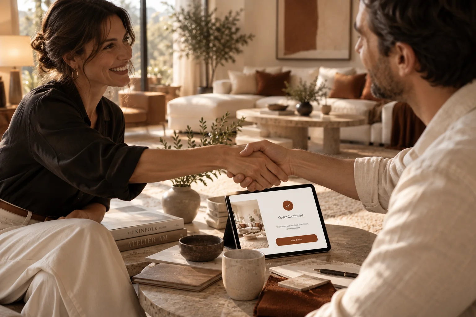 A salesperson shaking hands with a client over a tablet showing the proposal