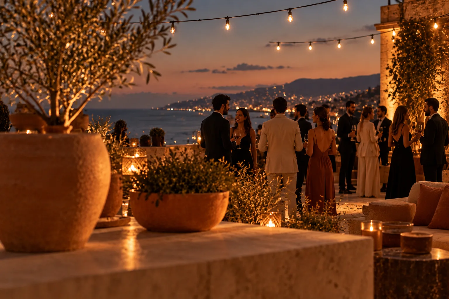 Guests on a Beirut rooftop at dusk, the bay and the city lights behind them