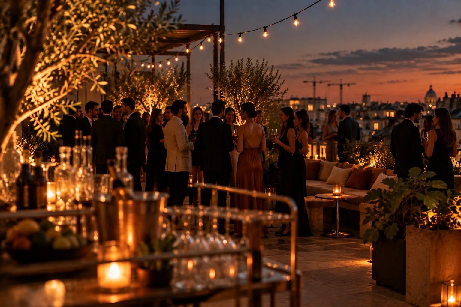 A candle-lit bar in the evening, glasses set out along the counter