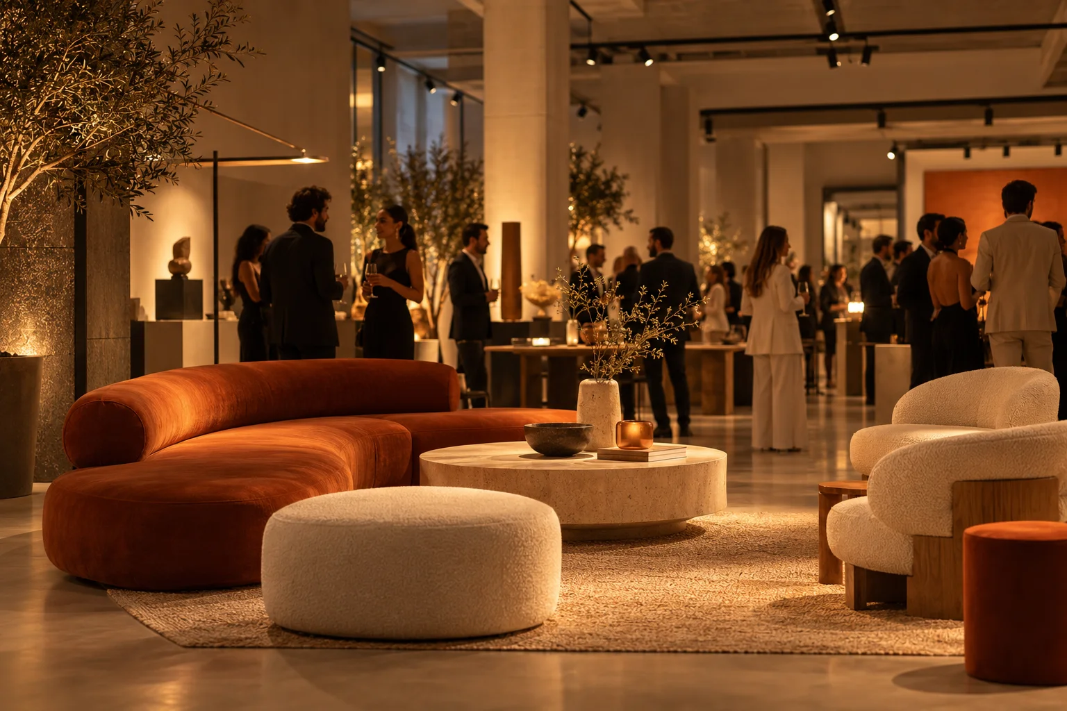 An evening reception in a furniture showroom, guests among the sofas