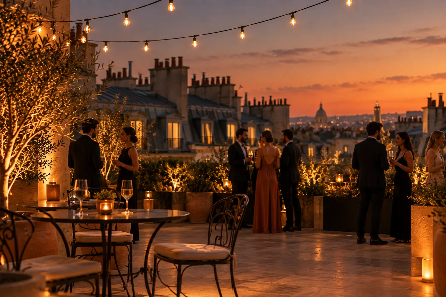 A rooftop terrace at sunset, above the Paris skyline
