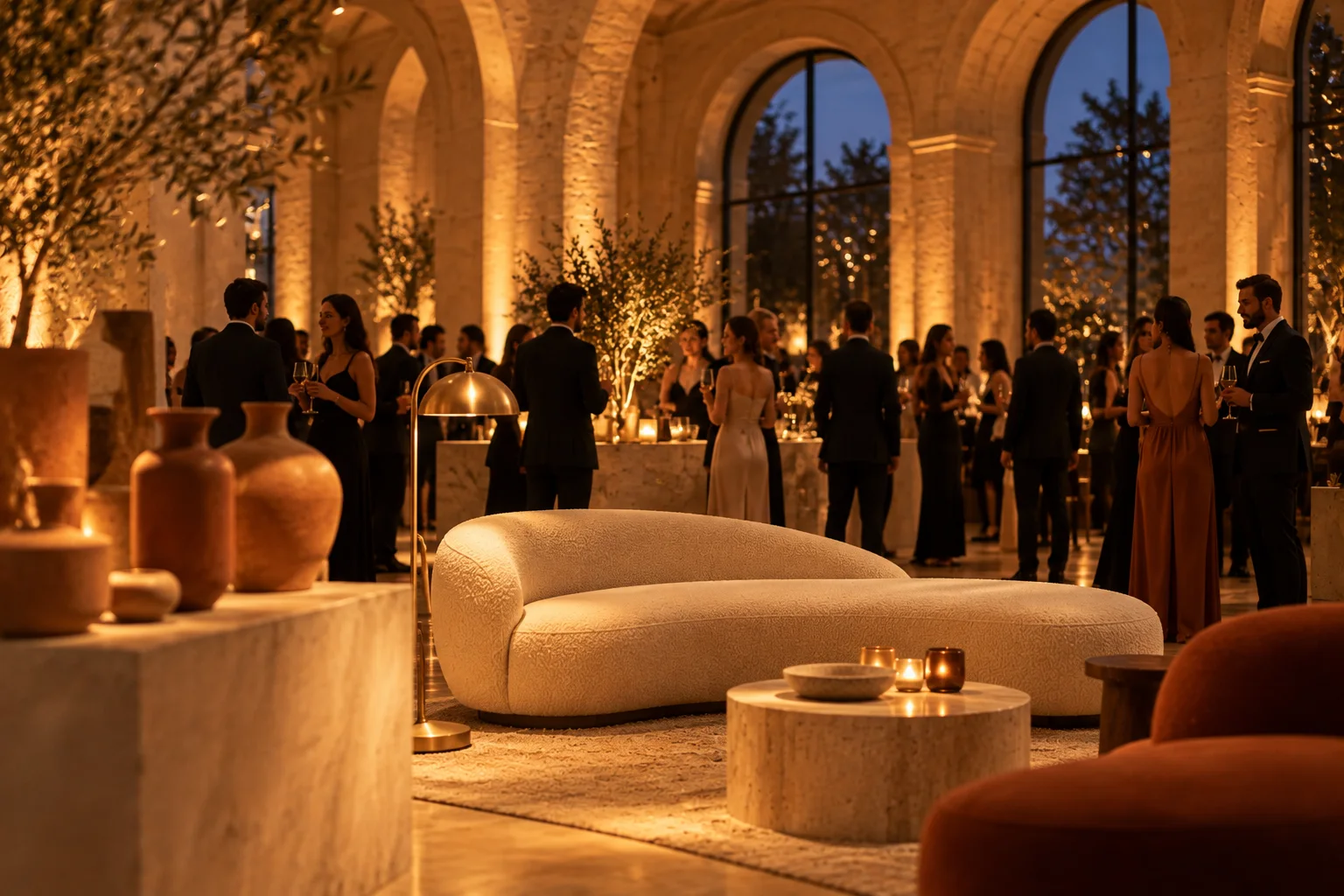 A reception in a vaulted stone hall, arched windows onto the night