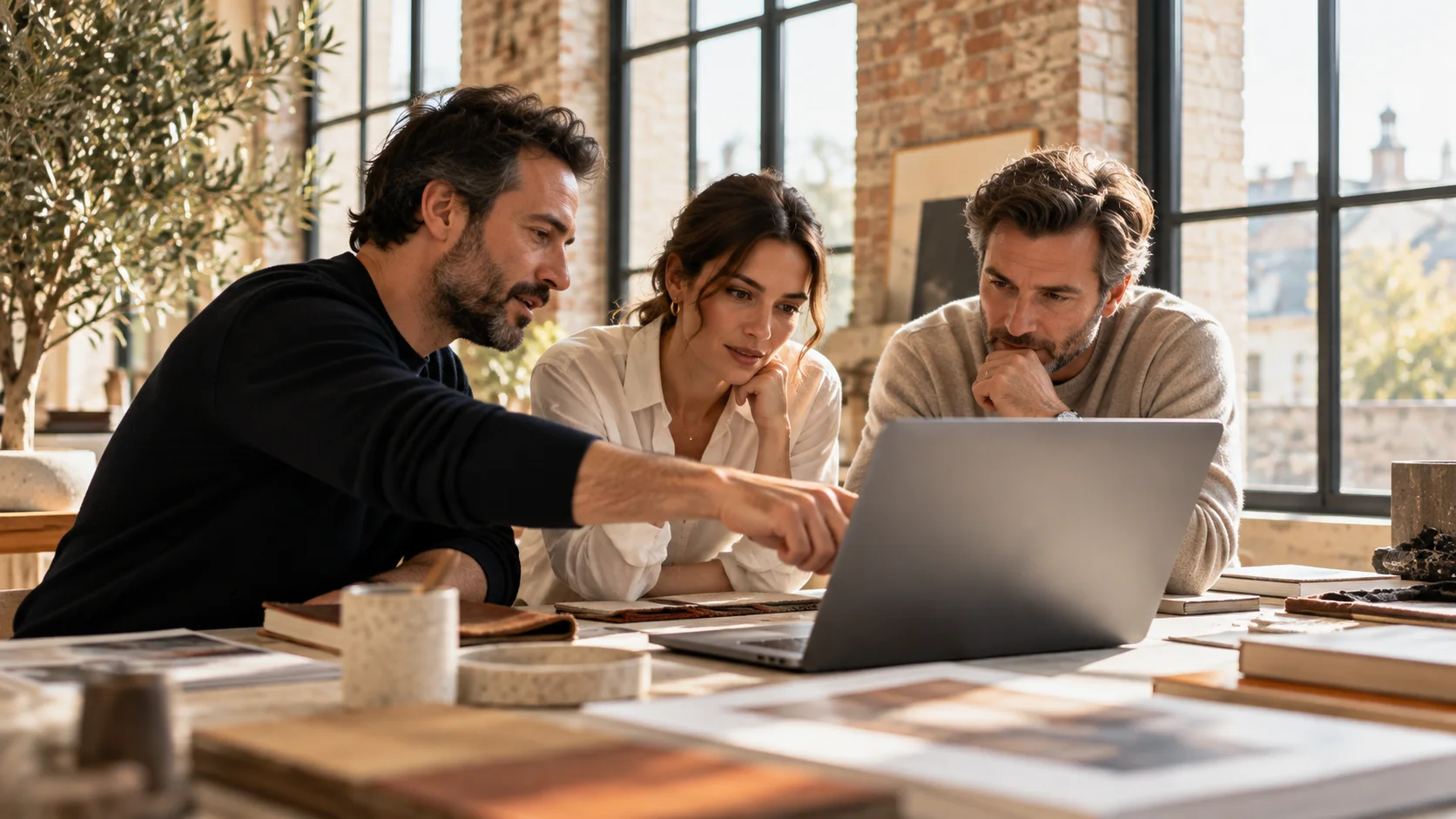Three colleagues around one laptop in a sunlit studio, working through a room together