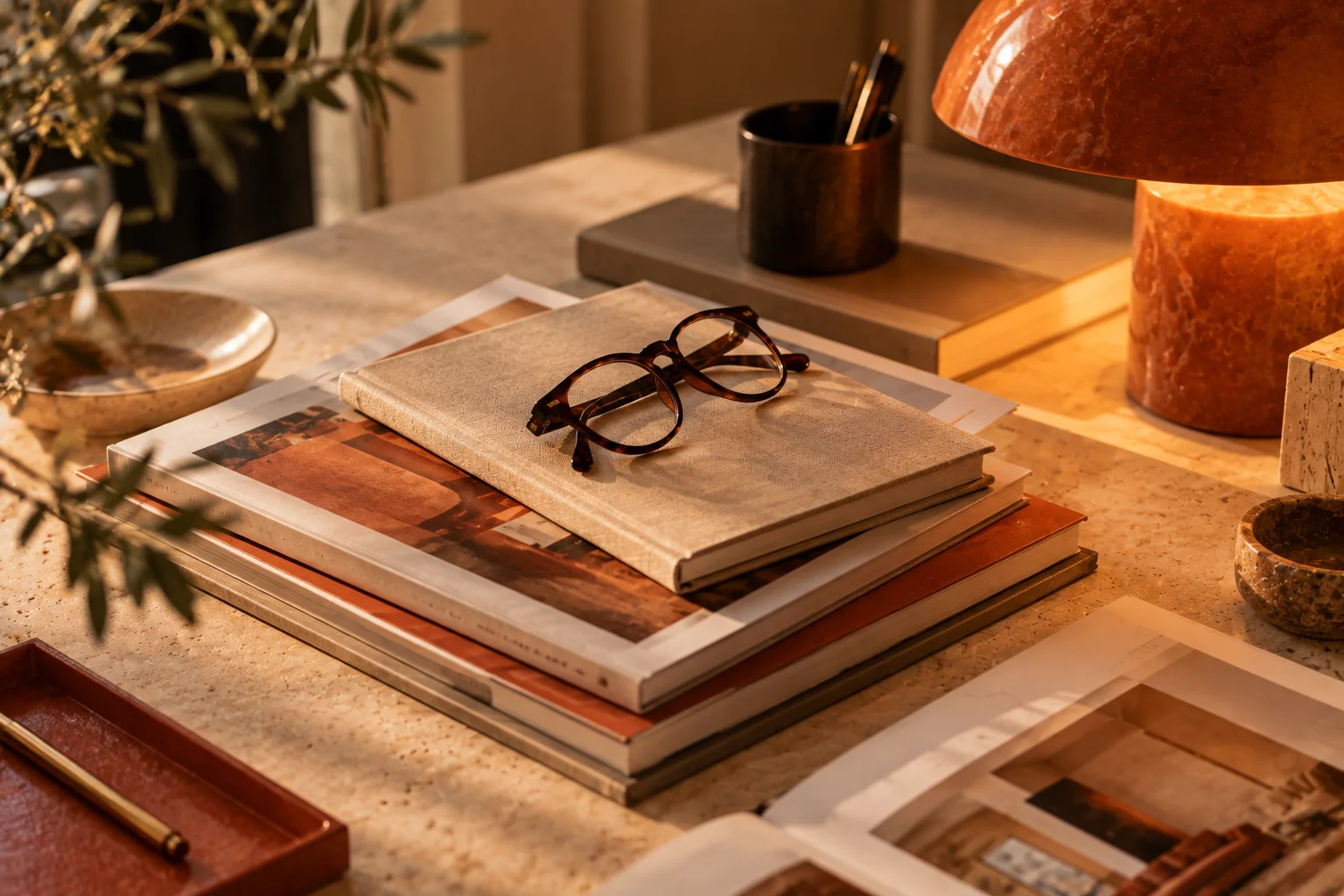 A stack of design books and a pair of reading glasses on a desk