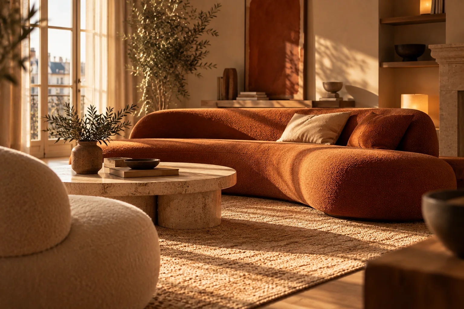 A sunlit living room with a curved terracotta sofa and a stone coffee table