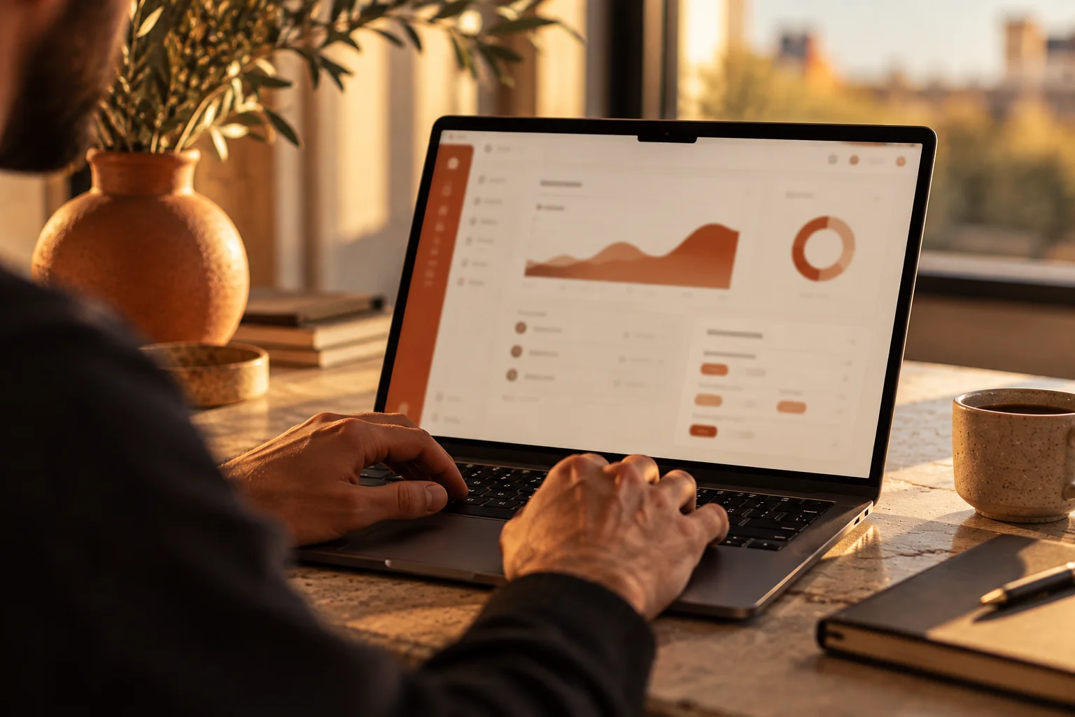 Hands on a laptop showing an RMCflow dashboard, a coffee cup beside it