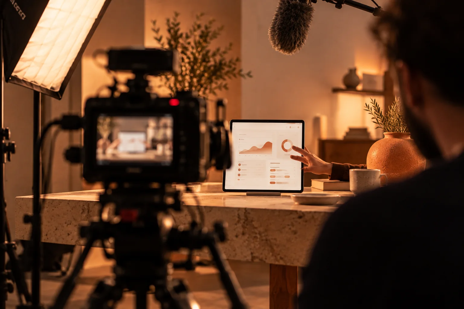 A camera on a tripod filming a tablet demonstration on a stone table