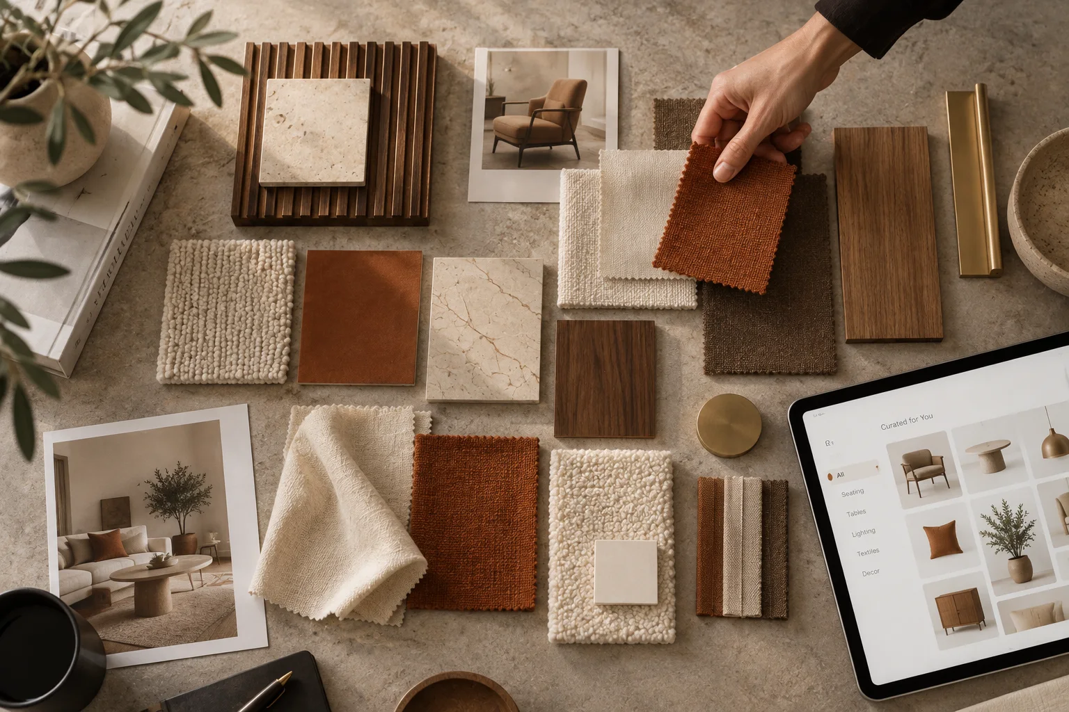 A hand picks a rust fabric swatch from a board of woods, stones and textiles beside a tablet