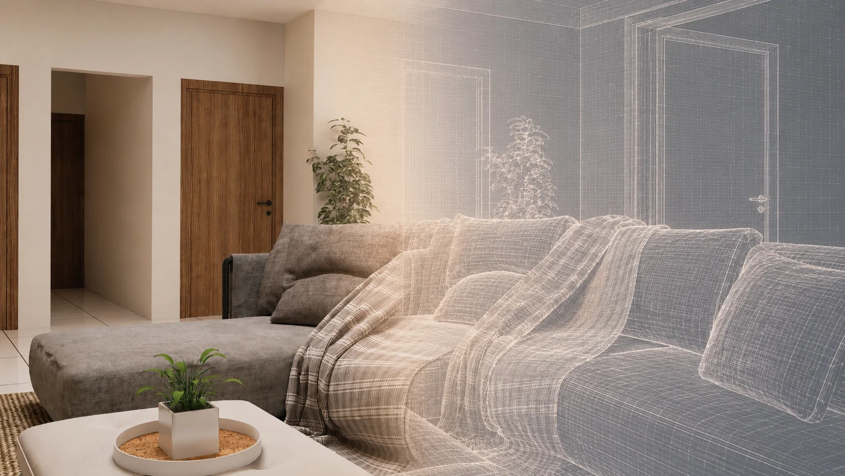 A living room rendered from a wireframe mesh into a photoreal scene