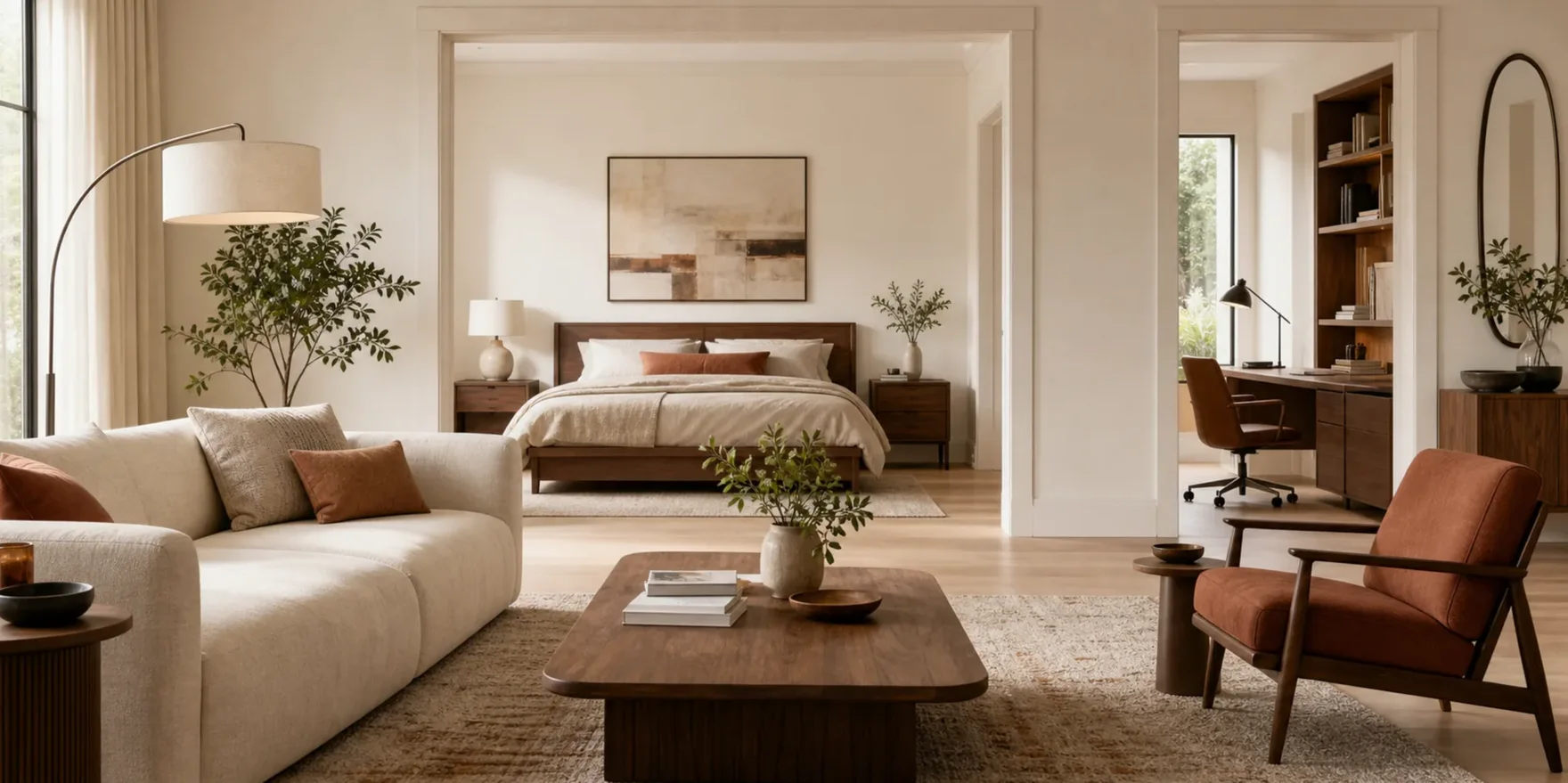 Open-plan living room and bedroom furnished in warm oak, cream and rust
