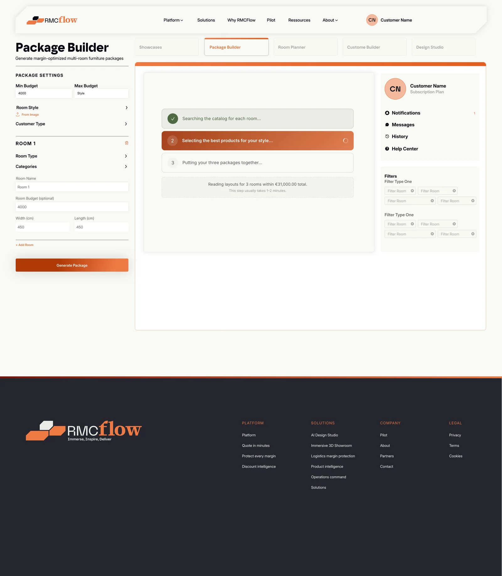 The RMCflow Package Builder putting three furniture packages together for a room