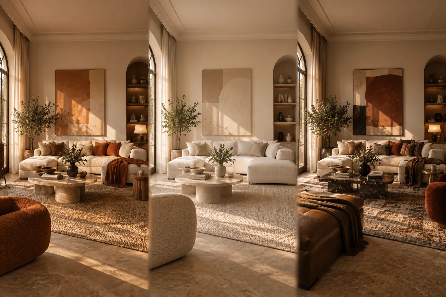 The same living room rendered in three furnished schemes, side by side