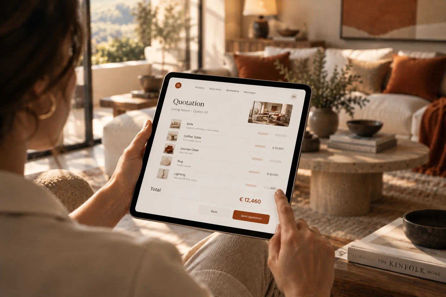 A client holds a tablet showing an itemised RMCflow quotation in a furnished living room