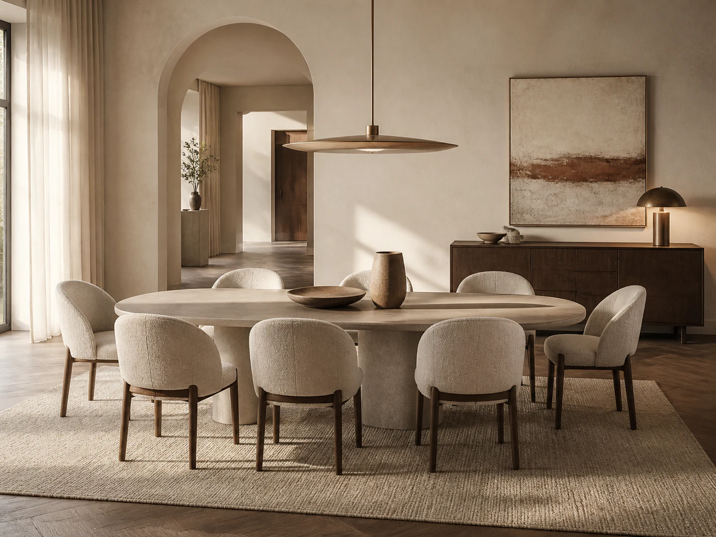 A sculptural contract dining package with table, chairs, sideboard and lighting