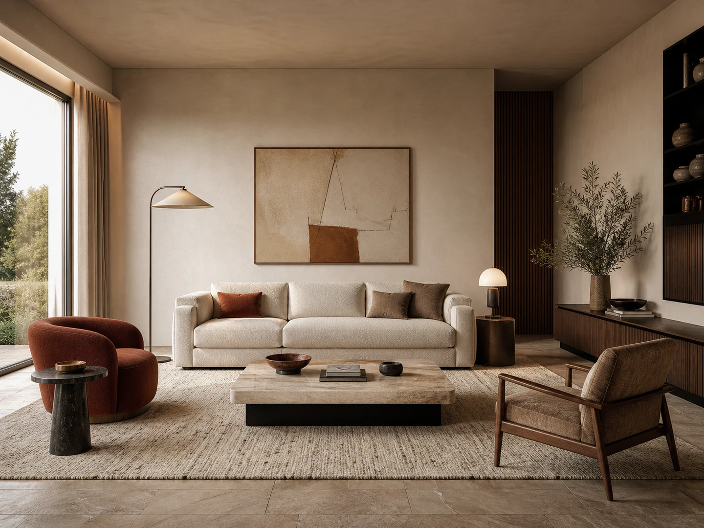 A warm minimalist living-room package in ivory, oak and rust