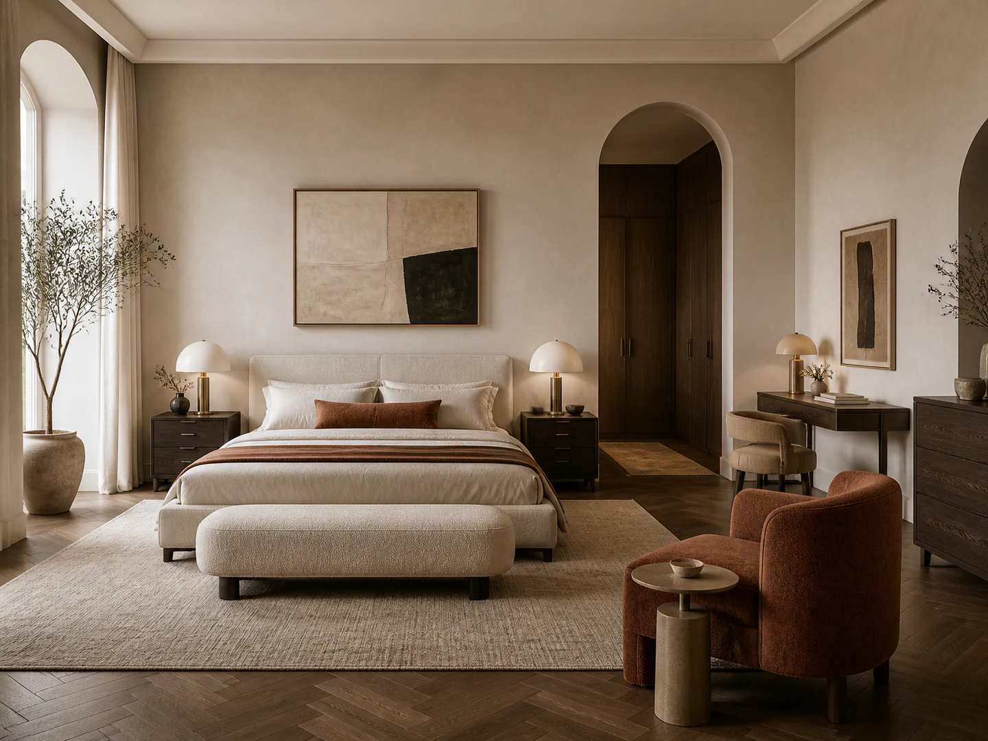 A quiet-luxury bedroom suite package with sleep, lounge and work zones