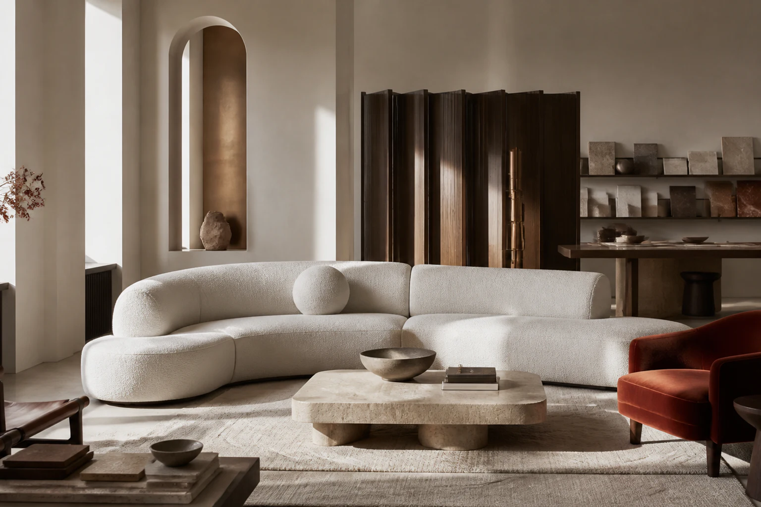 Interior design salon with a curved cream sofa, travertine table and curated material samples
