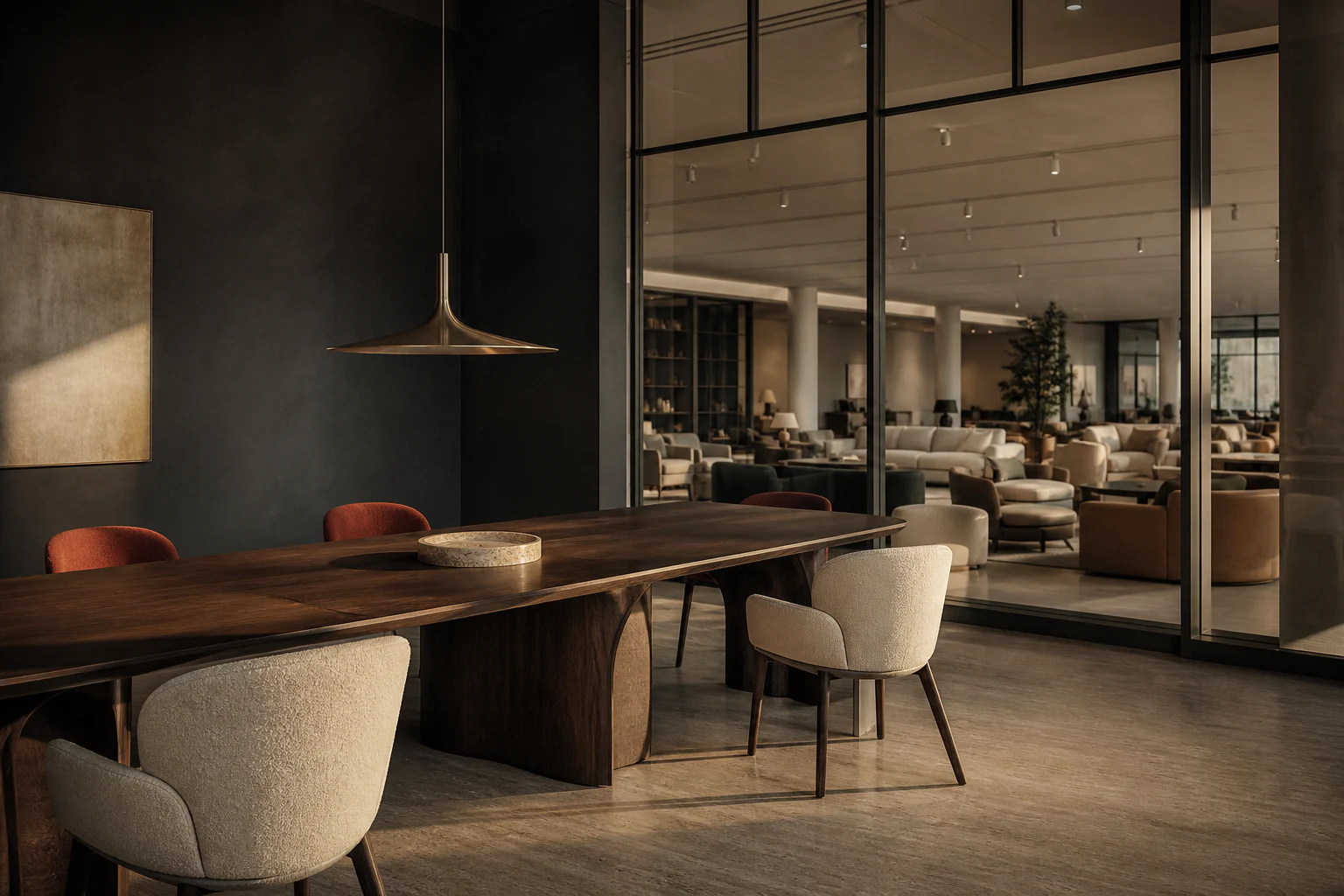 Executive strategy room overlooking an ordered premium furniture showroom