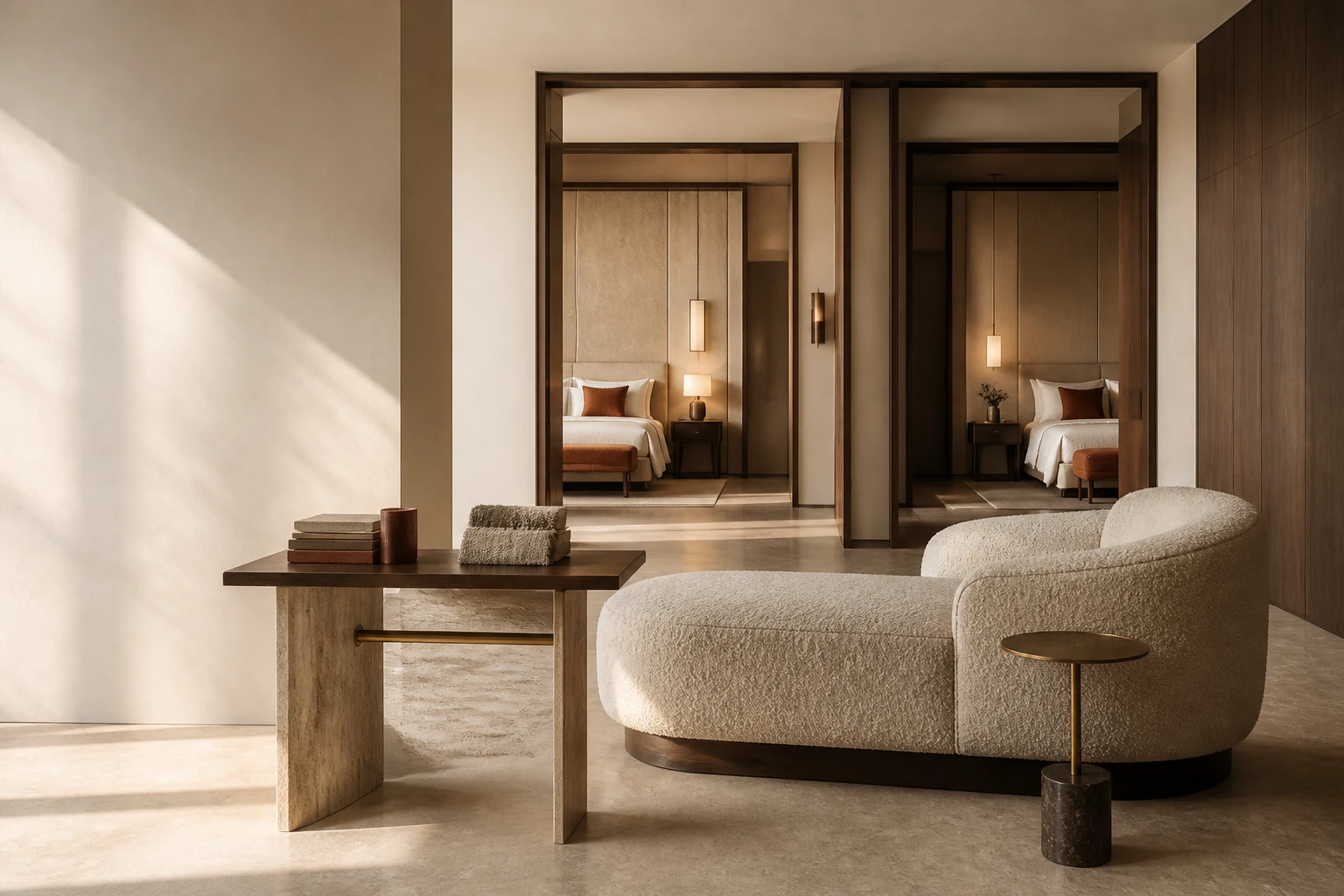 Hospitality prototype suite with coordinated guest-room furniture and material specifications