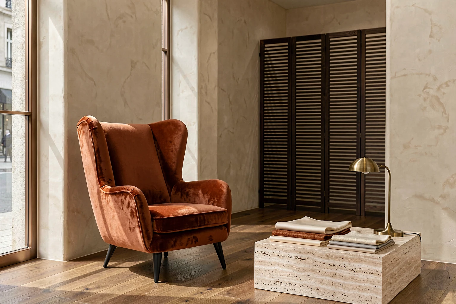 Boutique furniture storefront with a designer armchair by the window