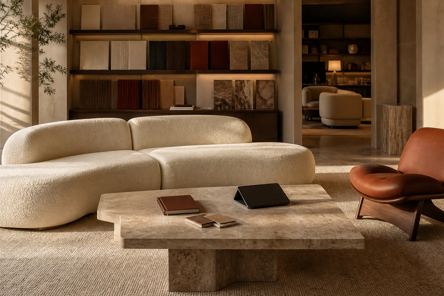 Private contract-furniture showroom with a sculptural cream sofa, rust lounge chair and material library